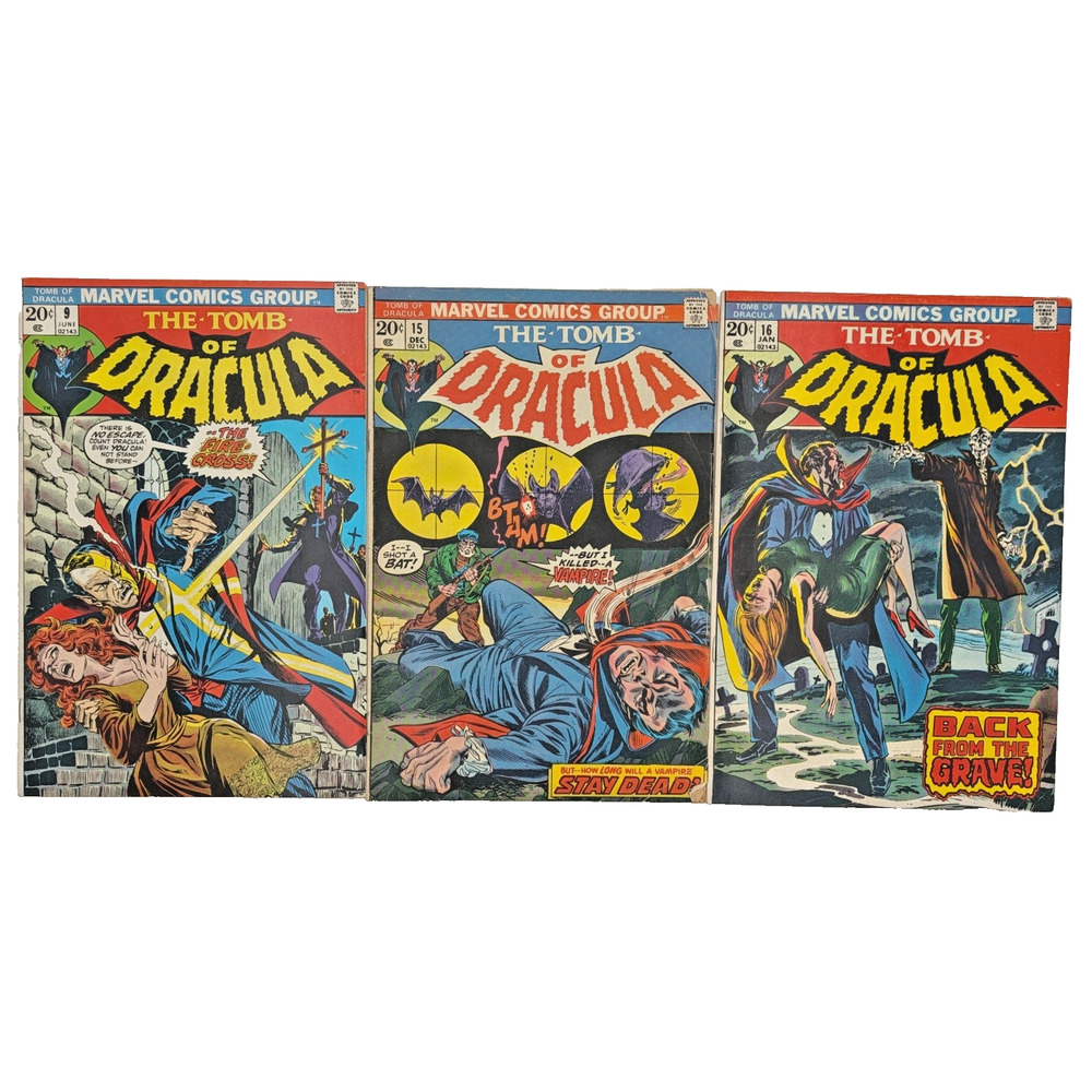 Tomb of Dracula #9 #15 #16 Lot of 3 Marvel Comics 1973 Bronze Age Horror VF/FN
